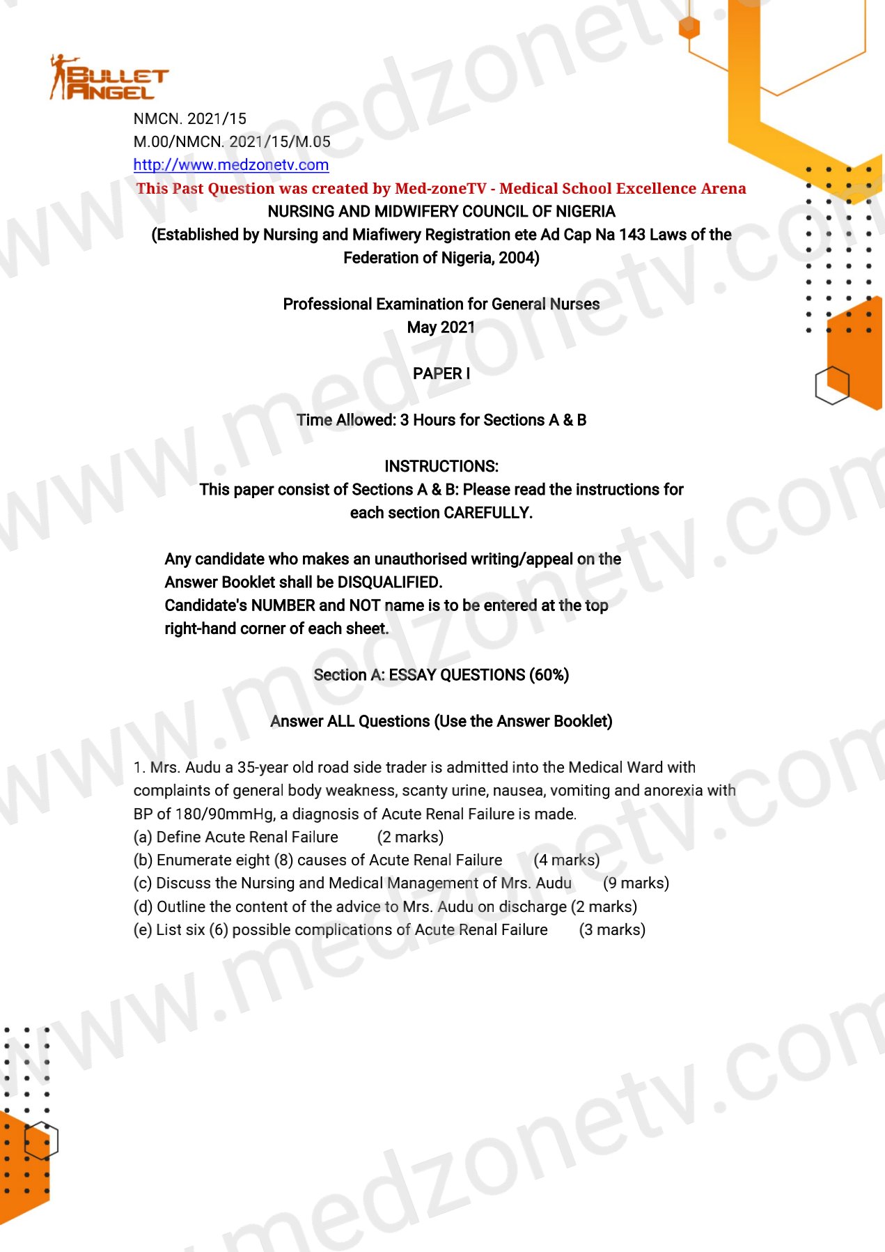 Nursing and Midwifery Examination Past Questions